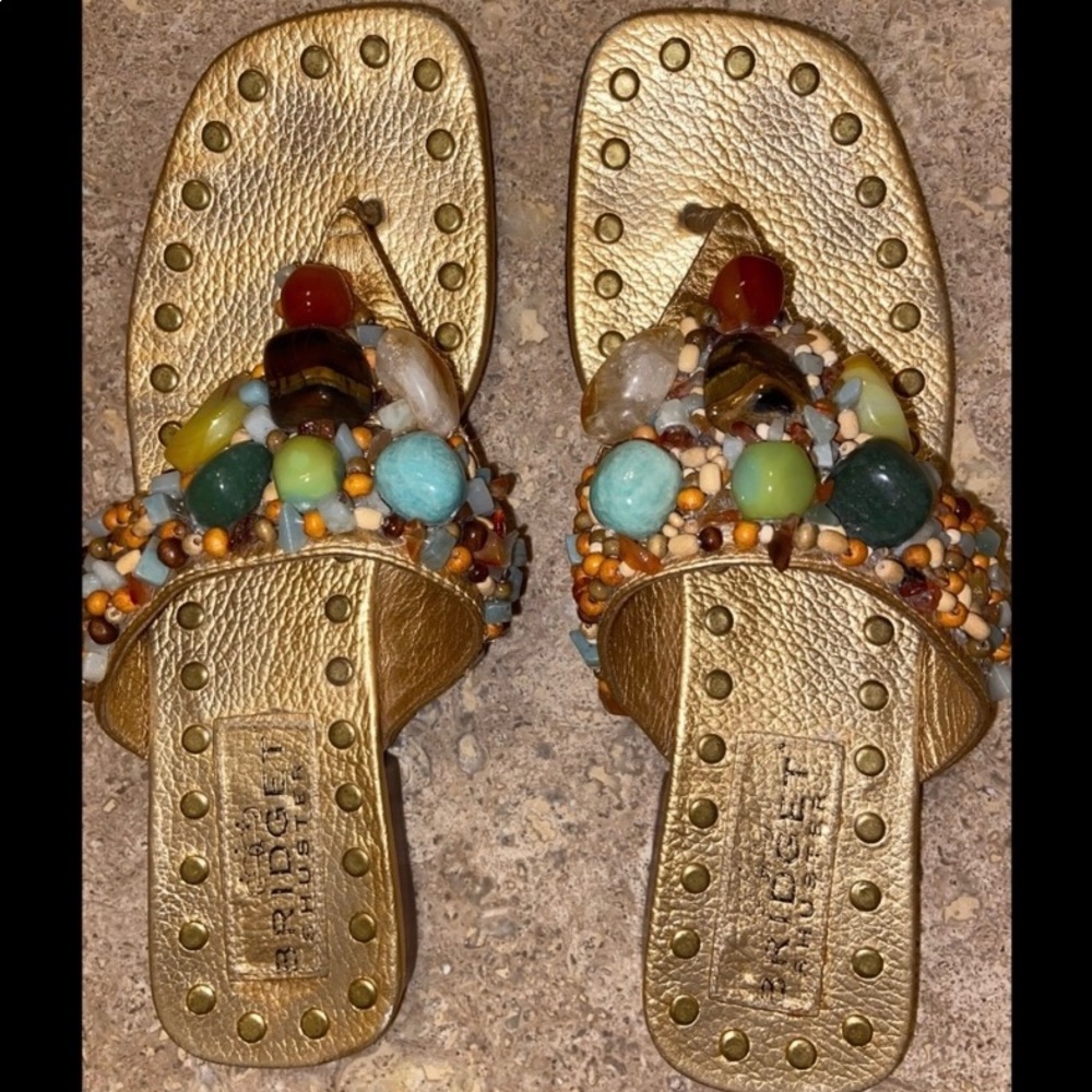 Bridget Shuster RARE Gold Leather Sandals Studded & Jeweled with Stones Size 7